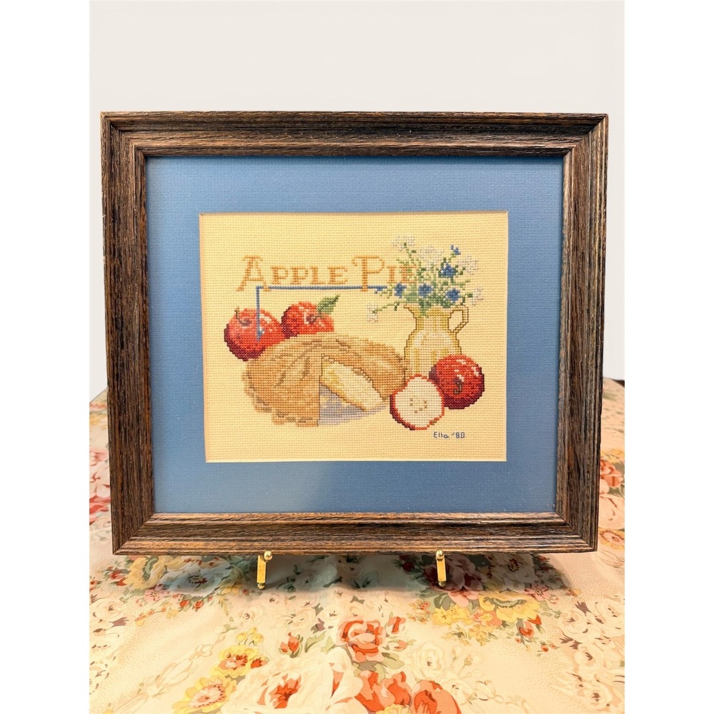 Vintage 80s Apple Pie Framed Cross Stitch – Signed Dated Folk Art Kitchen Decor